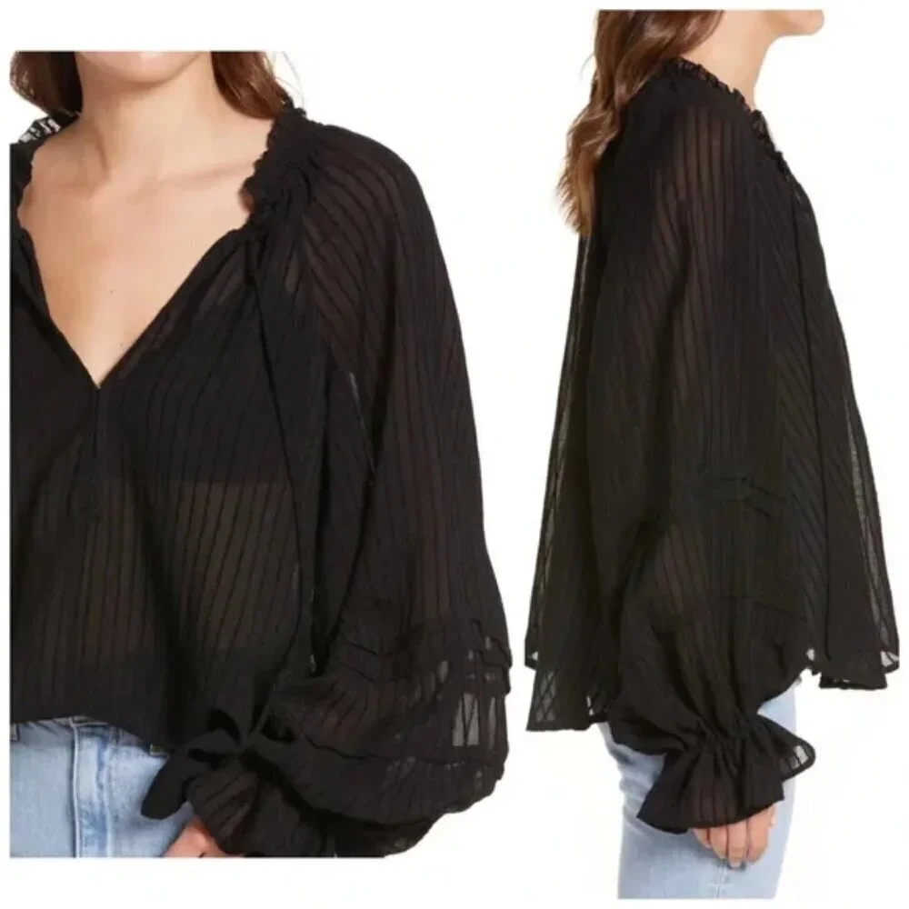 Free People Out Of Town Top Off the Shoulder Smocked Puff Sleeves Sheer Boho S